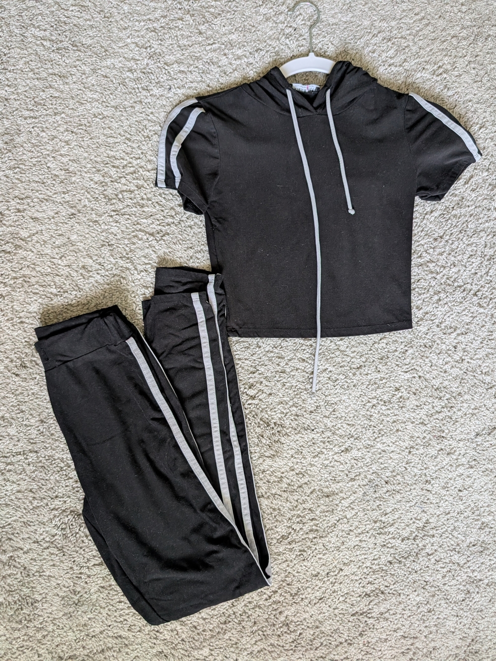 Fashion Nova Black Crop Hoodie & Jogger Set with White Stripes